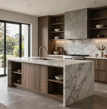 Professional photography of a high-end kitchen transformation featuring a massive marble island and custom storage solutions in an architectural Californian villa.