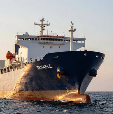 A crisp photograph of a modern International / Business cargo ship at sea, with dark navy blue hull and gold sunset highlights, symbolizing reliable global trade.