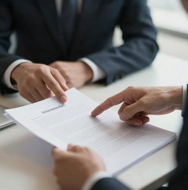 A close-up of a business meeting in an International / Business hub, professional hands pointing at a document, Soft Off-White lighting.