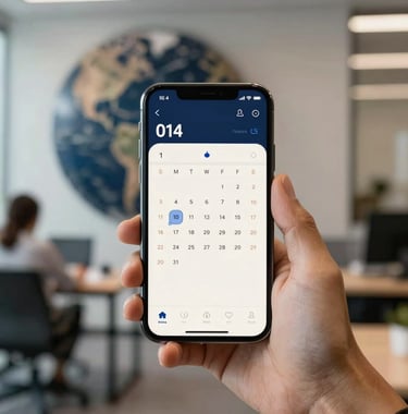 A blurred International / Business office background with a focused smartphone screen showing a calendar app, Dark Navy Blue and Soft Off-White accents.