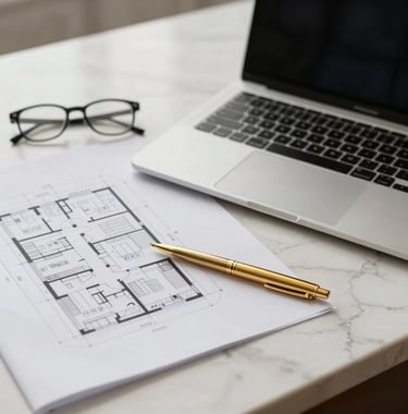 A high-end photograph of a professional International / Business workspace with a laptop, architectural plans, and a bright gold pen on a soft off-white marble desk.