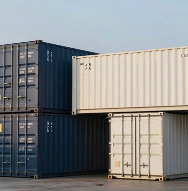 A clean, minimalist photograph of an International / Business logistics hub with shipping containers in dark navy blue and soft off-white, illuminated by bright gold morning light.