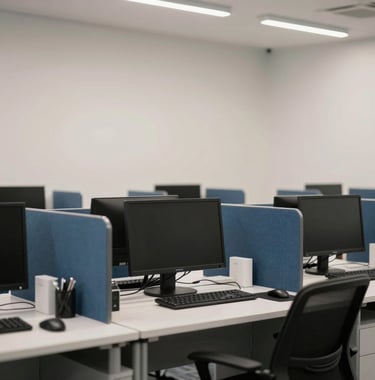 A modern workspace in an International / Business center, Soft Off-White walls, Steel Blue desk accessories, professional atmosphere.