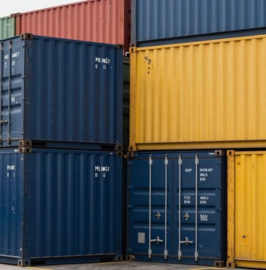 Photography of a row of colorful shipping containers in a harbor, sharp focus, modern industrial style featuring Midnight Navy Blue and Warm Sunshine Yellow accents.
