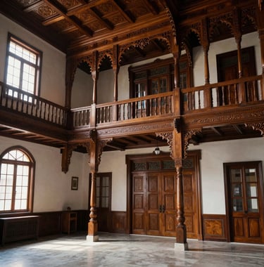 A detailed shot of the interior of a historic Trabzon mansion, featuring intricate woodwork and Eastern European / Turkish design elements, bathed in soft afternoon light.