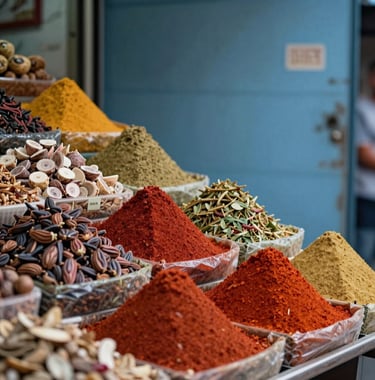 A vibrant photograph of a local Trabzon market stall featuring fresh local produce and red spices. The textures are sharp and the colors pop against the muted blue background. Eastern European / Turkish atmosphere.