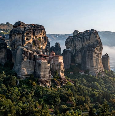 A breathtaking photograph of the Sumela Monastery carved into a steep cliffside in Trabzon. The scene is surrounded by dense green forests and light mist, with the ancient stone structures standing out against the dark navy rock faces, shot during the soft light of a pale blue morning.