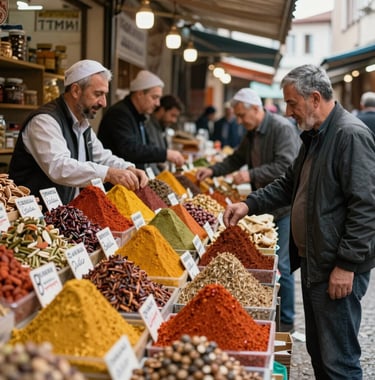A lifestyle photo of a traditional Turkish market in Trabzon, showing colorful spices and friendly locals. The lighting is natural and vibrant, capturing the local charm.