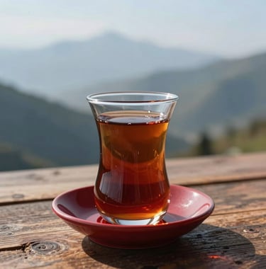 Close-up photography of traditional Turkish tea in a tulip-shaped glass on a dark red saucer. The glass sits on a rustic wooden table with a blurred background of misty mountains and pale blue sky in the Eastern European / Turkish highlands.