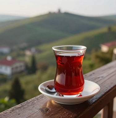 A close-up photograph of a traditional Turkish tea service on a balcony overlooking the green hills of Trabzon. A red tulip-shaped glass sits on a saucer. The lighting is warm afternoon sun. Eastern European / Turkish setting.