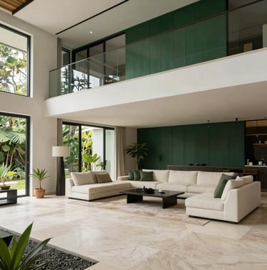 A sophisticated modern villa interior in a Southeast Asian / Indonesian setting, featuring open-plan living and natural stone textures. The color palette includes deep forest green and soft off-white, shot in high-end architectural photography style.