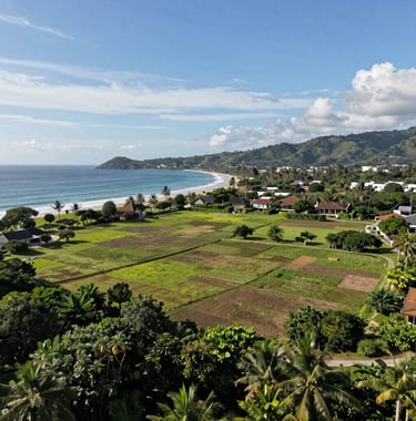 A wide photography shot of a pristine plot of land for sale in a Southeast Asian / Indonesian coastal region, ideal for villa development. The lighting is bright and clear, highlighting the natural beauty and investment potential.