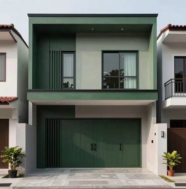 A minimalist modern house design in a clean Southeast Asian / Indonesian residential neighborhood. The facade features dark forest green details and soft sage grey walls, looking sophisticated and inviting.