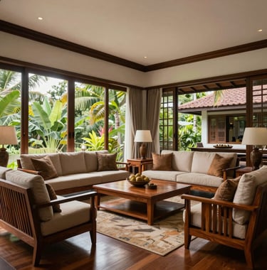 Interior view of a spacious living room in a Southeast Asian / Indonesian luxury home, featuring teak wood furniture and floor-to-ceiling windows showing tropical foliage.