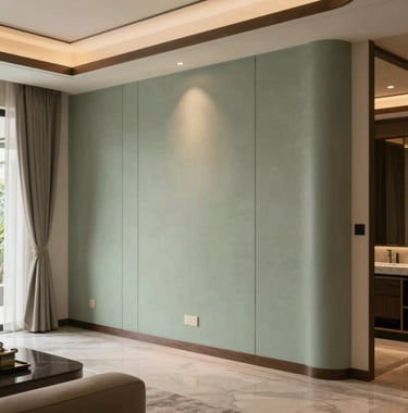 Detailed shot of high-end interior finishes in a Southeast Asian / Indonesian luxury residence, showcasing misty sage accents and premium materials under warm ambient lighting.
