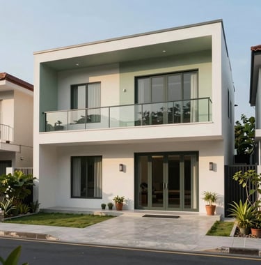 Exterior shot of a minimalist luxury home in a Southeast Asian / Indonesian residential area. The design uses muted sage green and off-white tones, with clean lines and soft, warm afternoon sunlight.