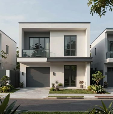 A photography of the modern facade of a minimalist house in a premium Southeast Asian / Indonesian residential complex. Soft morning shadows and misty sage greenery.