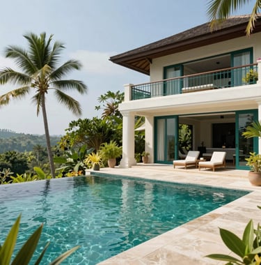 A luxury tropical villa with a private infinity pool and lush greenery in a Southeast Asian / Indonesian landscape. The architecture uses natural pearly off-white materials and deep emerald teal finishes under a clear bright sky.