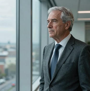A professional portrait of a senior advisor in a charcoal suit, looking thoughtfully out a window in a high-rise Luxembourg office. Soft slate blue tones and a serious, authoritative expression.