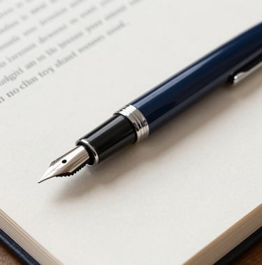 A sharp, close-up photograph of a premium fountain pen resting on a leather-bound financial report. Colors are primarily navy, off-white, and metallic silver. Minimalist and elite.