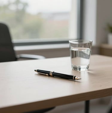 Elegant photography of a minimalist office interior in Luxembourg. A focus on a clean, light-colored desk with a single premium fountain pen and a glass of water. Natural light flowing through a large window, conveying a premium and calm mood.