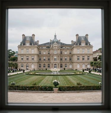 A serene view of a manicured Luxembourg park through a clean window of a high-end office. The colors are muted greens and light grays, reflecting a peaceful, trustworthy, and sophisticated environment.