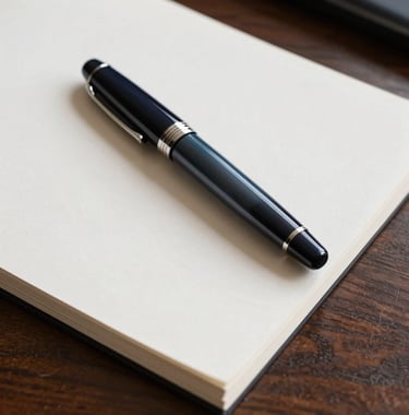 Close-up photography of a high-end fountain pen resting on a heavy-weight bond paper document on a dark wood desk. The setting is a quiet, premium office in Luxembourg. Colors used: dark navy, slate blue, and off white.