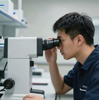 A focused professional looking through advanced optical measuring equipment in a brightly lit Indiana laboratory environment. Deep navy and white colors emphasize a clean, professional look. North American / US / Indiana.