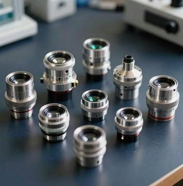 A collection of precision optical lenses and diagnostic tools arranged on a dark navy surface, reflecting a high standard of care and technical precision. Professional studio lighting. North American / US / Indiana.