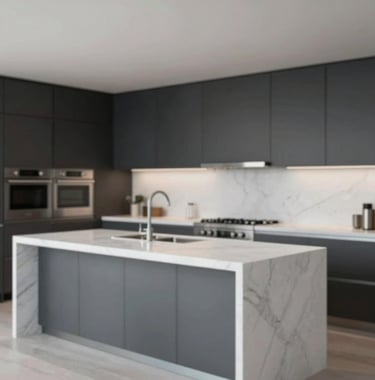 Wide shot of a luxury minimalist kitchen in a high-end Chicago residence. Features dark cabinetry in #1A202C, white marble islands, and high-end stainless steel appliances. Sophisticated and clean aesthetic.