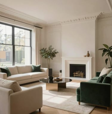 Interior shot of a grand, sun-drenched living room in a Chicago mansion. High ceilings, intricate crown molding, and a minimalist fireplace. The furniture is a mix of #3B5249 green velvet and cream #EFEFEF fabrics. Sophisticated and airy atmosphere.