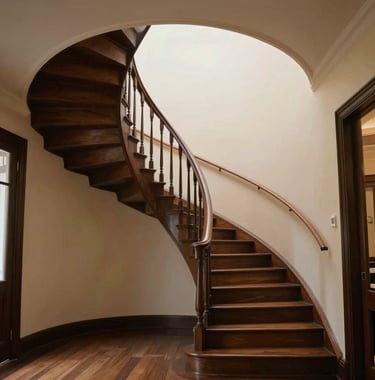 A grand, spiral staircase in a historic Gold Coast mansion. The dark wood contrasts with creamy #EFEFEF walls. Elegant, classic, and luxurious composition.