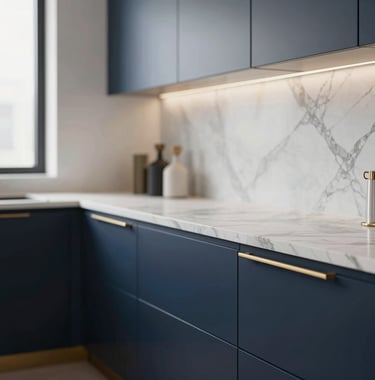A close-up shot of a luxury modern kitchen detail in a Chicago high-rise. Sleek navy #1A202C cabinetry with gold hardware and a polished Calacatta marble countertop. Soft, diffused morning light coming from the side. Elegant and minimalist.