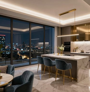 Photography of a high-tech smart home interior in a Gurgaon penthouse. Large floor-to-ceiling windows show the twinkling city lights. The interior features gold fixtures, muted blue upholstery, and a sleek modern kitchen. The style is clean, contemporary, and incredibly wealthy.