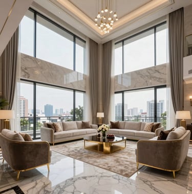A lavish interior shot of a sample penthouse living room in Gurgaon, showing double-height ceilings, Italian marble flooring in light gray, and a stunning view of the cityscape through massive glass walls. Gold accents are woven throughout the furniture.