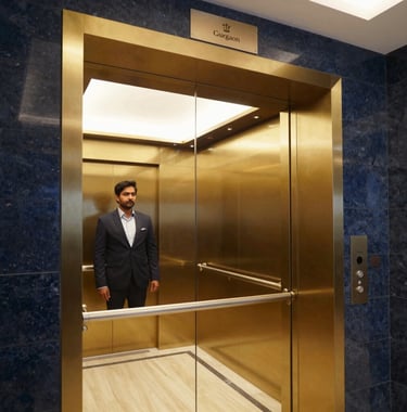 Close-up photography of a gold-plated elevator lobby in a luxury Gurgaon commercial building. The interior style is professional, modern luxury, featuring deep navy stone walls and bright warm lighting. A South Asian professional in business attire is visible in the reflection.