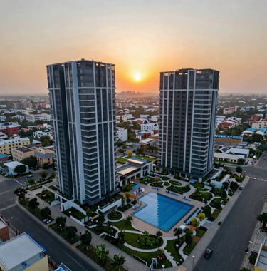 An aerial sunset view of a new residential launch in Gurugram, showing sleek modern towers, beautifully landscaped gardens, and a grand swimming pool deck in a luxury South Asian / Indian setting.