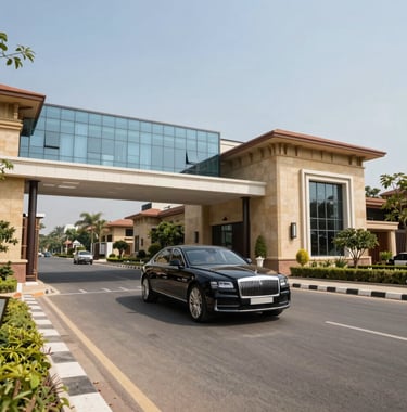 Action shot of a luxury car arriving at a gated high-security community in Gurgaon. The architecture is a blend of modern glass and traditional sandstone accents. The lighting is bright and clear, emphasizing the clean, wide roads and professional landscaping.