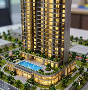 A close-up photograph of a scale architectural model of a futuristic luxury residential tower, featuring gold-tinted windows and lush rooftop gardens. Soft lighting highlights the intricate details of the podium and swimming pool area.