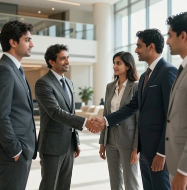A group of professional South Asian business colleagues shaking hands in a bright, modern lobby of a high-end corporate building. The scene conveys successful partnership, exclusivity, and professional celebration.