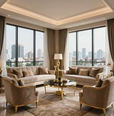 A high-end photography shot of a luxury apartment interior in Gurgaon, featuring sophisticated South Asian / Indian decor, floor-to-ceiling windows showing a city skyline, and elegant gold-trimmed furniture.
