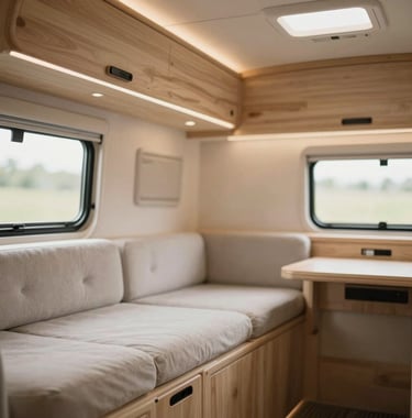 A close-up photograph of the interior of a custom-built caravan, showing impeccable craftsmanship. It features light wood textures, soft #F2F7F6 fabric accents, and integrated warm lighting, creating an inviting and modern luxury aesthetic.