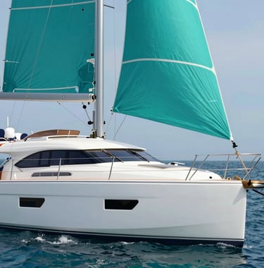 The deck of a sleek sailing yacht at midday, showing pristine white surfaces and polished teal details. The composition is clean and inviting, reflecting bespoke maritime luxury.