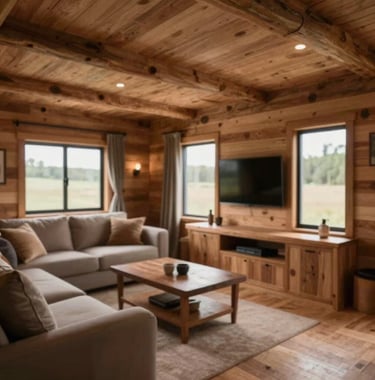 The interior of a custom cabin, blending modern technology with traditional artisan woodcraft, reflecting a clean and premium luxury mood.