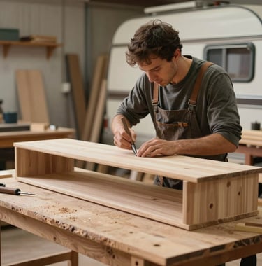 A workshop scene showing a skilled craftsman finishing a custom piece of furniture for a caravan, using light-colored wood and precise tools. The atmosphere is one of expertise and premium quality.