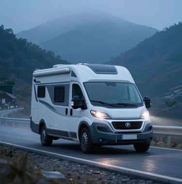 A luxury motorhome driving through a scenic mountain road during the blue hour. The headlights cut through the mist, emphasizing adventure and professional build quality. Colors feature #1C3A3B tones.