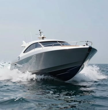 A high-speed luxury boat cutting through the waves, captured from a low angle to show the power and craftsmanship of the hull in #4A6D6C.