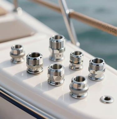 An artistic shot of premium marine grade hardware and stainless steel fittings on a custom boat. The lighting is clean and bright, highlighting the quality of the materials and the meticulous attention to detail.
