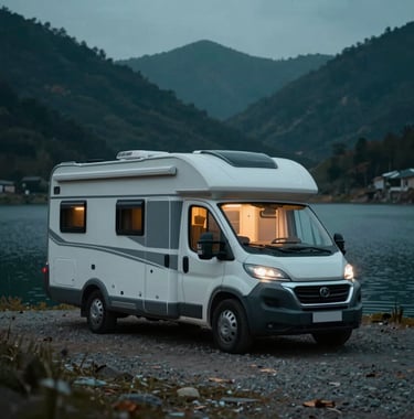A stylish caravan parked by a mountain lake at twilight, its interior lights casting a warm, inviting #F2F7F6 glow against the dark teal #1C3A3B surroundings.