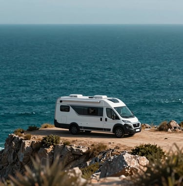 A modern, sleek caravan parked elegantly on a clifftop overlooking a deep teal ocean (#1C3A3B). The composition is expansive, emphasizing freedom and the harmony between high-end manufacturing and nature.